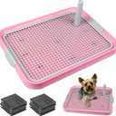 Dog Potty Tray Toilet 20"x14" Doggy Bathroom Dog Litter Box, Indoor Pee Pad Holder with 8pcs Training Pads, Puppy Pee Mesh Potty Training Tray with Secure Latch, Dog Potty Pan for Small Medium Puppies (Pink)