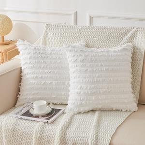 JELLYMONI Pack of 2 Linen Cotton Couch Throw Pillow Covers 16x16 Inch, Decorative Couch Pillow Covers with Fringe Design, Soft Square Cushion Covers for Couch (Orange)