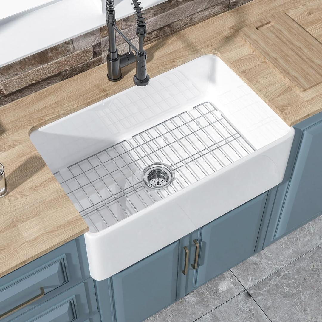 White Farmhouse Kitchen Sink 30 x 20 Inch, Firecaly Apron Front Undermount Farm Sink Deep Single Bowl for Kitchen, w Custom Accessories 2 Types