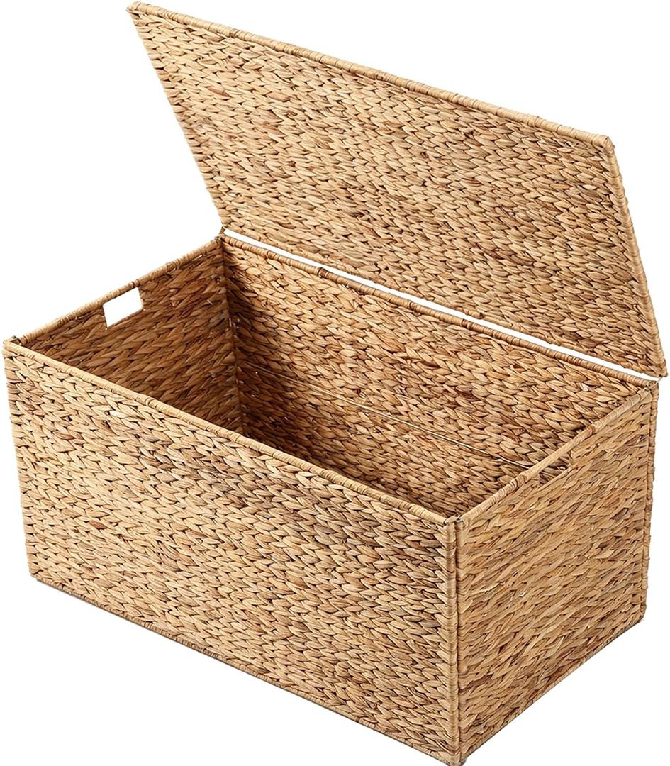 Water Hyacinth Wicker Storage Trunk with Metal Frame 36x20x18.5Inch Large Rattan Basket Decorative Blanket Chest Heavy Duty Storage Chest with Lid for Blankets Extra Bedding Seasonal Clothes, Natural
