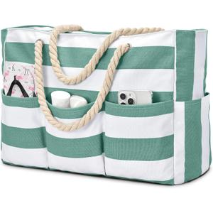 Becokan Beach Bags for Women Canvas Large Beach Tote Bag Zipper Waterproof Sandproof Foldable Swim Pool Bag with 7 Pockets