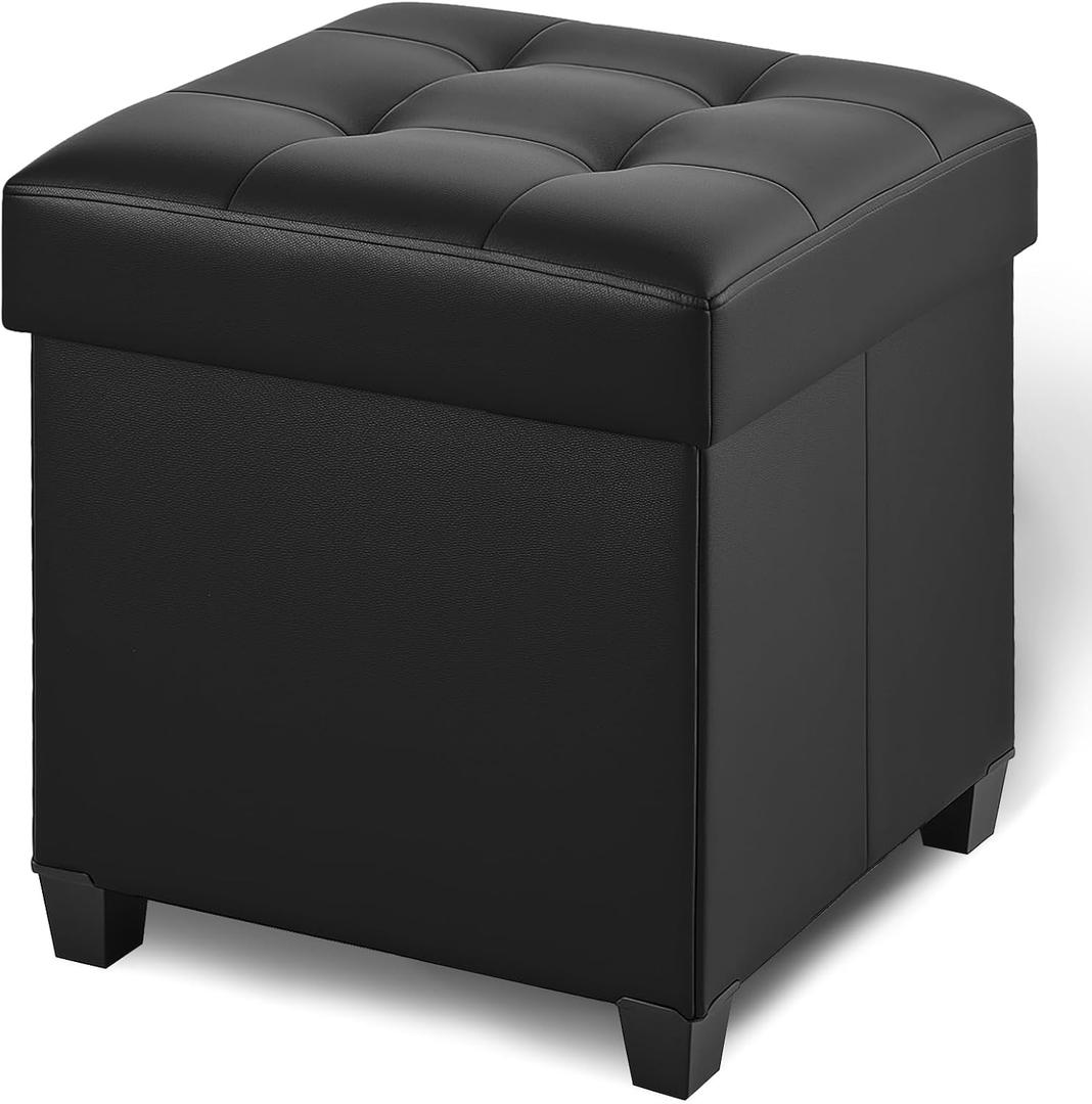 17.7" Ottoman with Storage, Square Storage Ottoman for Dorm, Faux Leather Ottomans with Legs for Living Room, Bedroom, Black