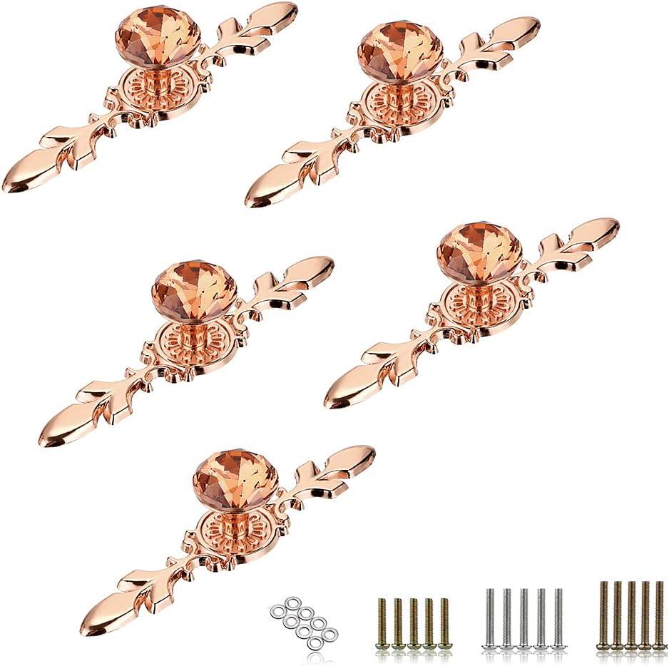 Sumnacon 5 Pcs 4.7 Inch Crystal Drawer Dresser Knobs - Diamond Cabinet Cupboard Door Knobs with Plates, Decorative Closet Wardrobe Pull Handles with Screws for Home Office Decor, Rose Gold