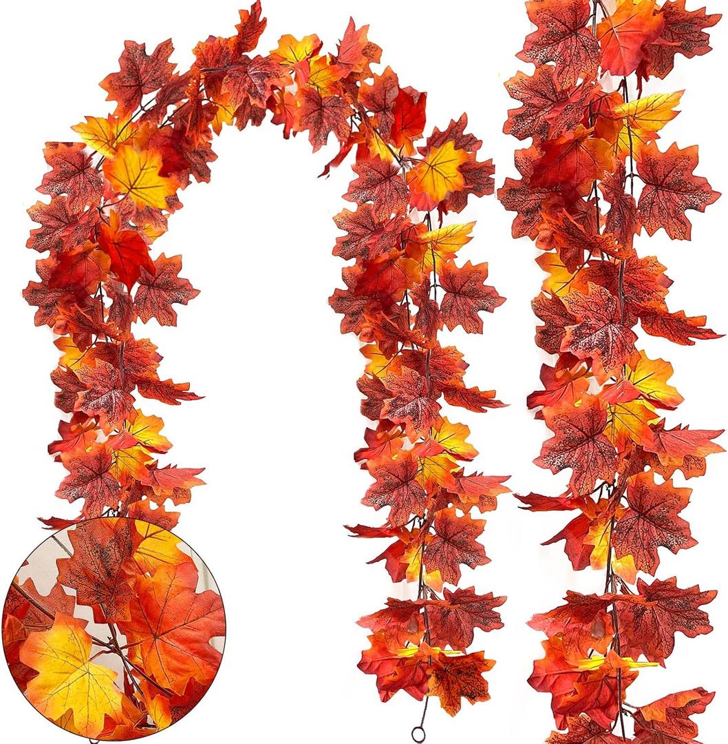 TURNMEON 2 Pack Thanksgiving Garland for Home, Total 11.8Ft Fall Leaves Garland Artificial Hanging Vine Decor for Thanksgiving Table Decorations Indoor Outdoor Mantle Fireplace Winter Party