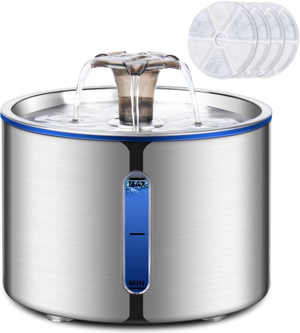 Cat Fountain, 84oz/2.5L Stainless Steel Pet Water Fountain, Automatic Dog Water Dispenser, Water Level Window, Ultra-Quiet Pump, Perfect for Cats, Dogs and Multiple Pets, 4 Filters