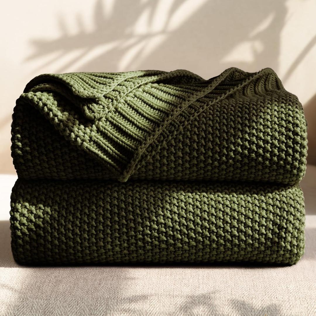 100% Cotton Cable Knit Throw Blanket, Lightweight Soft Knit Blanket for Sofa Couch Bed, Breathable All-Season Throw, Cozy Decorative Blanket, 50 x 60 Inch,Olive Green