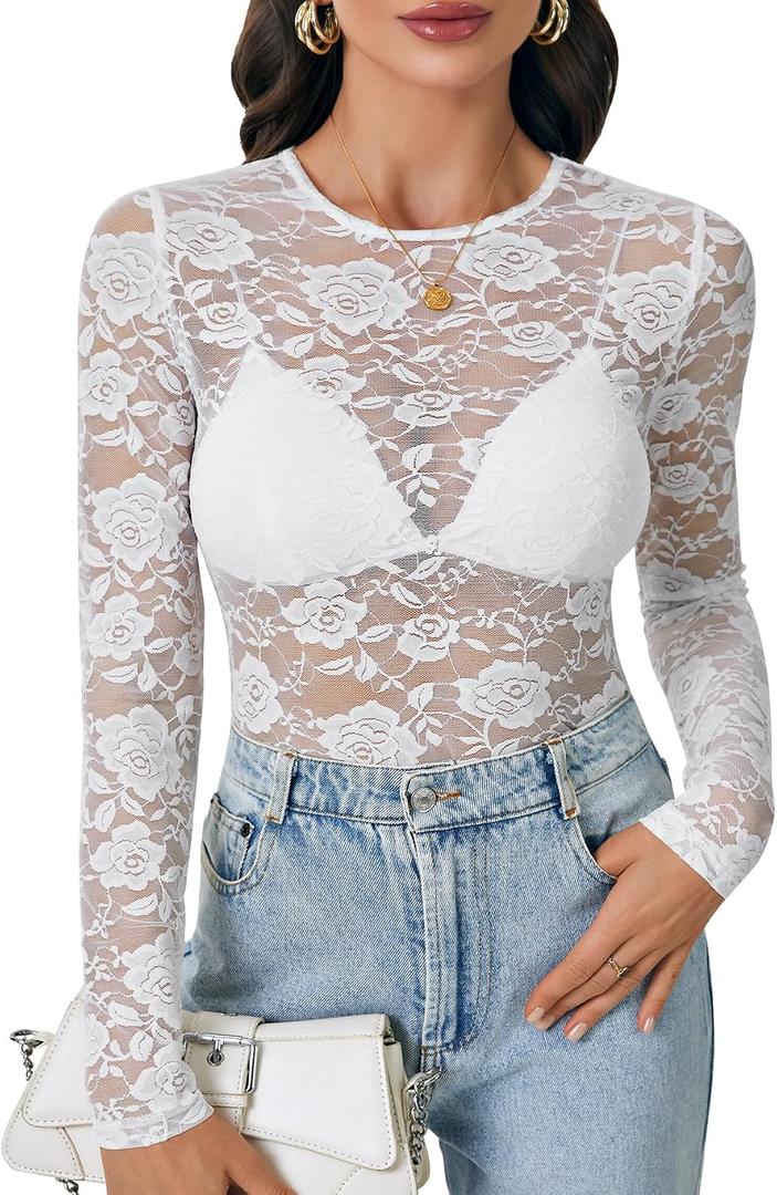 LYANER Women's Lace Long Sleeve Tops Floral Sexy Mesh Sheer Shirt See Through Undershirt Tops (White, S)