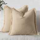 MIULEE Decorative Throw Pillow Covers Neutral Linen Fringe Throw Pillows Set of 2 Brown Boho Farmhouse Cushion Covers with Tassels for Couch Sofa Bed Living Room Spring Home Decor 20x20 Inch