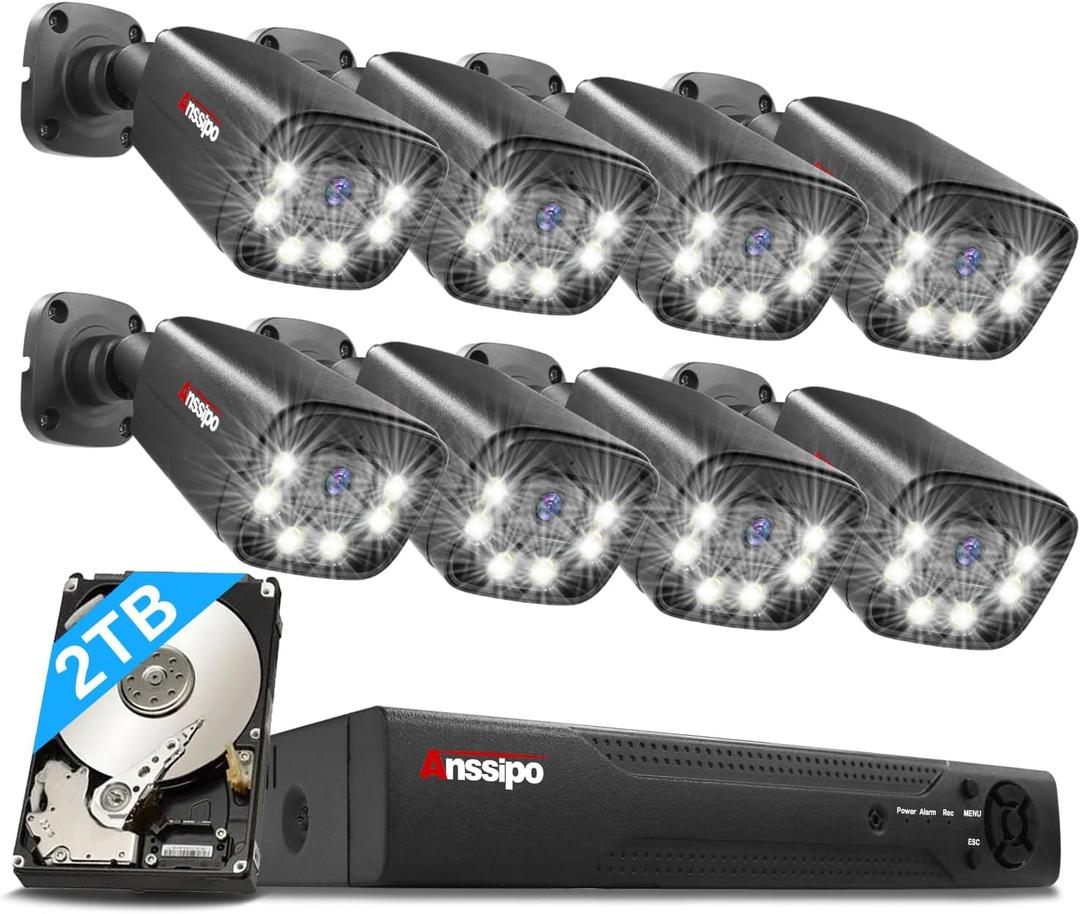 5MP Wired Security Camera System, 8pcs 5MP PoE Security Cameras Outdoor Indoor, Person/Face AI Detection, Two-Way Talk, Spotlights Color Night Vision, 8 Channel Home Surveillance NVR with 2TB HDD
