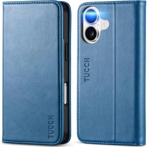 TUCCH Case Wallet for iPhone 16, Kickstand PU Leather Folio Cover with RFID Blocking 3 Card Slots, Stand Book Design [Shockproof TPU Interior Case] Compatible with iPhone 16, Light Blue