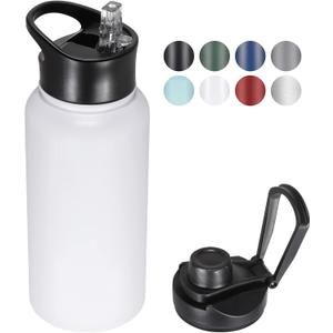 32 oz Insulated Water Bottle with Straw Lid & Wide Mouth Lids, Stainless Steel Sports Water Bottles, Double Walled Vacuum, Leak Proof, White