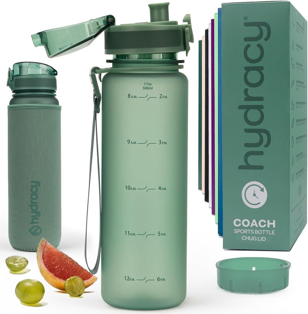 Hydracy Water Bottle with Time Marker -Large BPA Free Water Bottle & No Sweat Sleeve -Leak Proof Gym Bottle with Fruit Infuser Strainer & Times to Drink -Ideal for Fitness Sports & Outdoors (Moonlight Green)