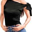 Trendy Tank Tops for Women, Sexy Going Out, High Boat Neck Silk Shirts, Dressy Satin Bow Sleeveless (Black, L)
