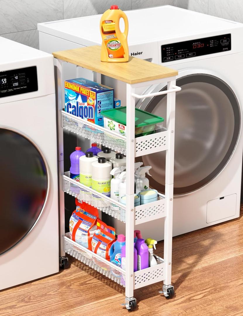 Utility Slim Storage Cart, 4 Tier Small Rolling Kitchen Laundry Room Cart with Wood Top, Metal Narrow Bathroom Storage Cabinet Mobile Shelf Unit Organizer Trolley with Handle for Narrow Space (7.1 inch wide, White)