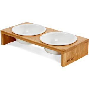 PiuPet Cat Bowl 8.5 fl oz with Rack, Set of 2 Bowls for Cats and Small Dogs, White Ceramic Cat Bowls for Easy Cleaning with Stylish and Non-Slip Bamboo Frame I Ideal Ergonomic Cat Food Bowl Set