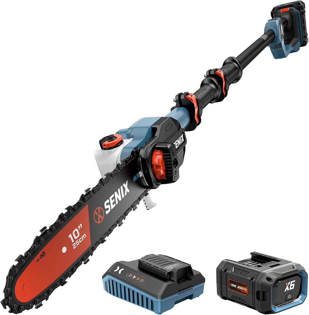 SENIX 10" Cordless Pole Saw, X6 60V Max 3.0Ah Battery Powered Pole Saw with 14ft Reach Carbon Fiber Telescoping Pole, 65.5ft/s Cutting Speed for Pruning and Trimming Branches(CSPX6-M)