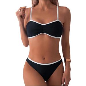 SOLY HUX Women's Two Piece Bathing Suit Contrast Binding Ruched Bikini Sets Swimsuit (Medium, Black and White)
