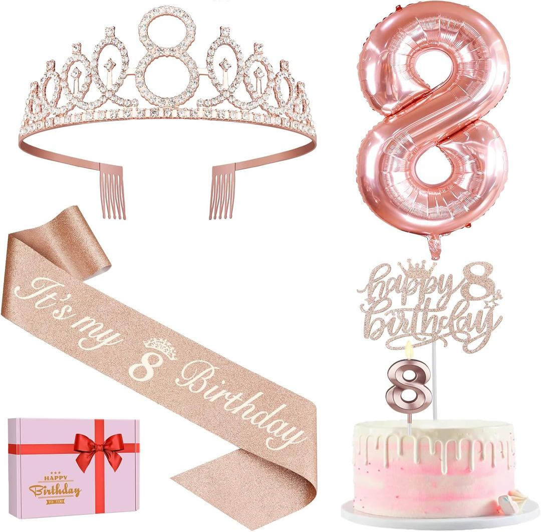8th Birthday Decorations for Girls, Including 8th Birthday Sash and Tiara, Cake Topper and Candle, Number Balloon, 8 Year Old Girl Gifts
