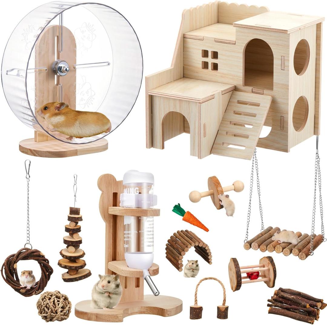 18 Pcs Hamster Toys Set, 10 Kinds Small Animal Chewing Toys, Maze Wood House, Silent Exercise Running Wheels and Water Bottle Set for Hamster Habitat Rat Cage Accessories(Mixed Play Style)