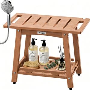 22" Large Shower Bench Seat, Non-Slip Shower Benches for Inside Shower to Sit on, HDPE Waterproof Shower Stool, Shower Chair with Adjustable Feet for Bathroom, Indoor/Outdoor Use, Teak
