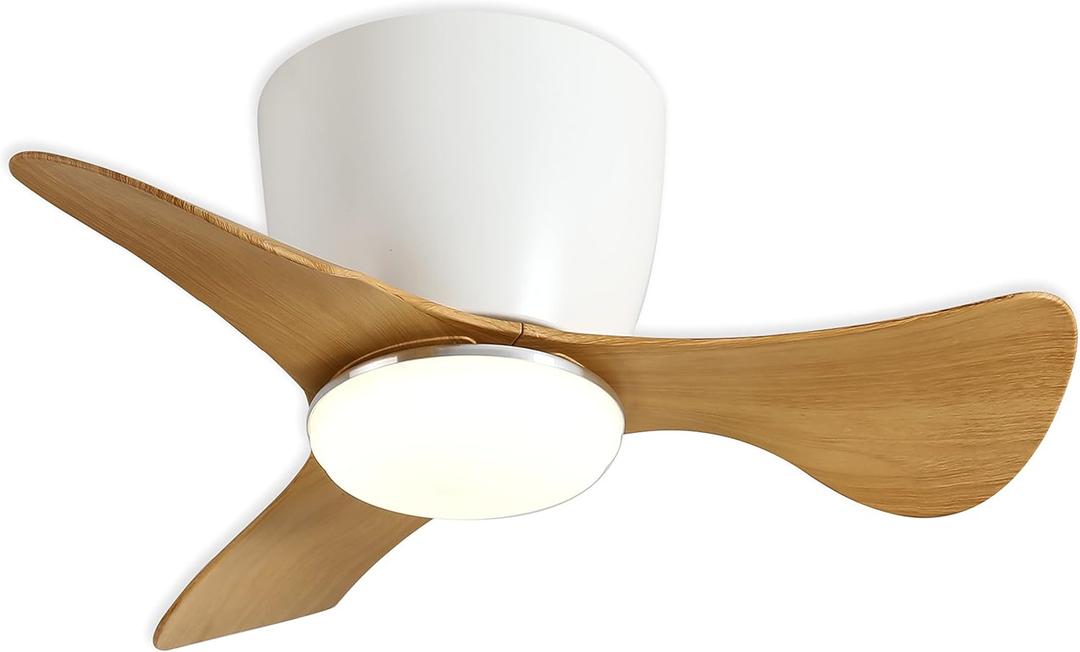 GESUM Flush Mount Ceiling Fans with Lights, 22'' Small Ceiling Fans Remote & APP Control, 3CCT Dimmable, Quiet DC Motor for Patio Kitchen Bedroom (White Wood)
