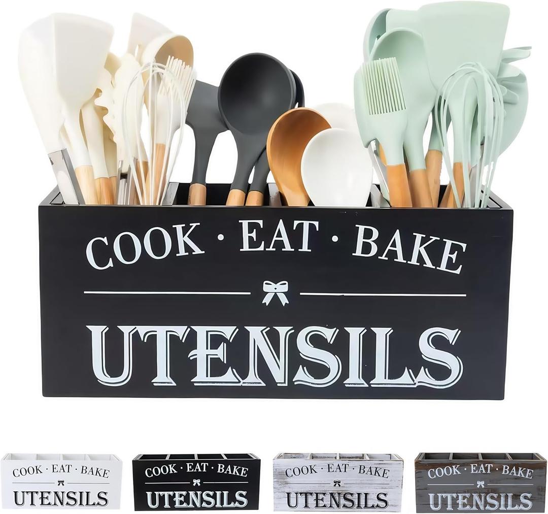 Utensil Holder,Extra Large Wooden Utensil Holder For Kitchen Counter,Cooking Spatula Organizer,Big Storage Caddy With 4 Compartments Flatware Spoon Tool Cutlery (Black)