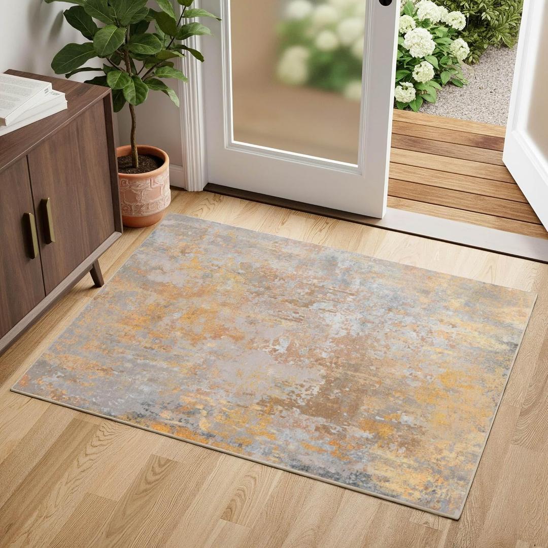 Entryway Rug 2x3 Beige Gold Door Mat Indoor Entrance 24x36, Washable Small Throw Rugs for Kitchen Floor, Entry, Front Door, Bedroom Bedside, Non-Slip Low Pile Stain & Fade Resistant, Abstract