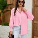 Womens Oversized Button Down Shirts Smocked Cuffed Ruffle Sleeve Boyfriend Blouses Collared Work Casual Top with Pockets (Pink, L)
