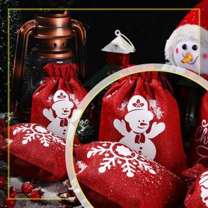 Christmas Gift Bags Bulk Xmas Treat Bags with Drawstrings, Burlap Pouches Candy Bag with Tag for Christmas Party Favor DIY Craft(Wine Red,7 x 5.1 inch)