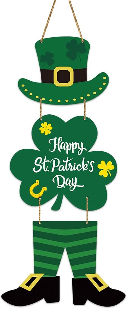St Patricks Day Decorations Happy St Patricks Day Wreath Door Decorations Wooden Wreaths for Front Door Hanger Leprechaun Top Hat Irish Hanging Sign Decor for Porch Wall Indoor Home Decor