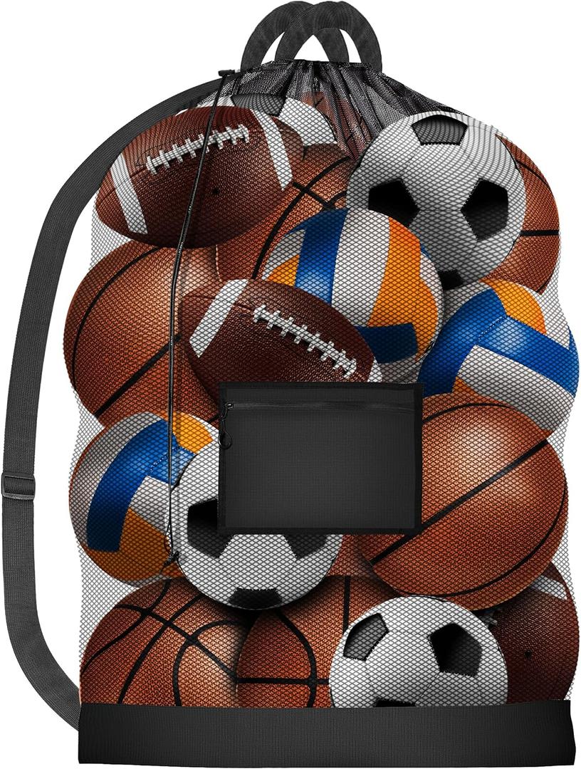Handy Laundry Mesh Ball Bag - Up to 15 Balls Large Capacity Sports Equipment Bag Carrier with Adjustable Strap and Drawstring Closure - For Soccer, Basketball, Volleyball