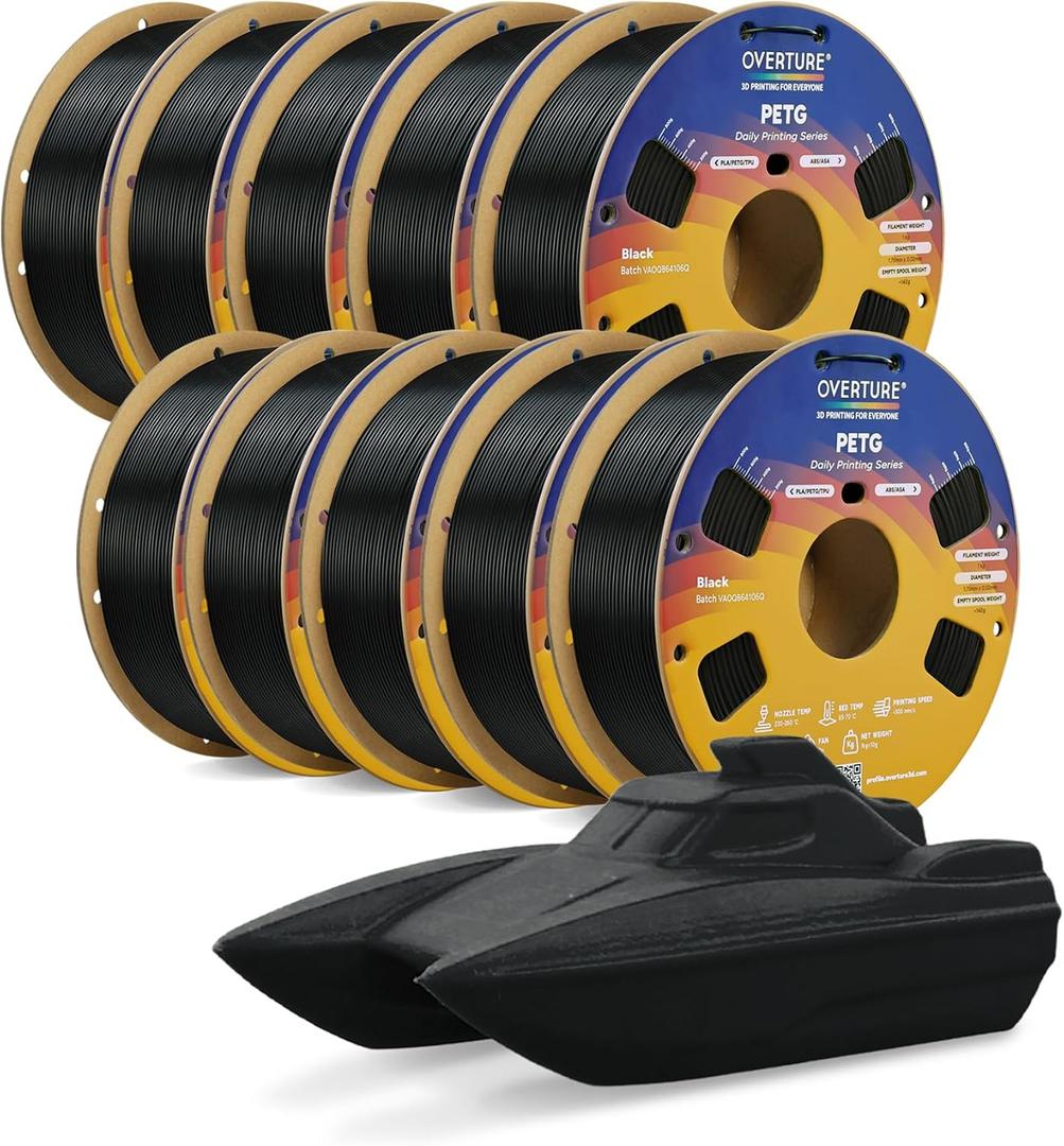 OVERTURE PETG Filament 1.75mm Bundle 10kg, High Speed 3D Printer Filament, Neatly Wound & Clog-Free, 10 Pack 1kg(2.2lbs), Accuracy +/- 0.02mm, Fit Most FDM Printers (Black 10 Pack)