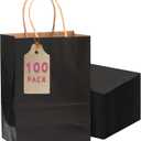 qiqee 100-Packs Black Paper Gift Bags with Handles Bulk 7.6"x4.75"x10.5" Medium Size Gift Bags Multiple Uses