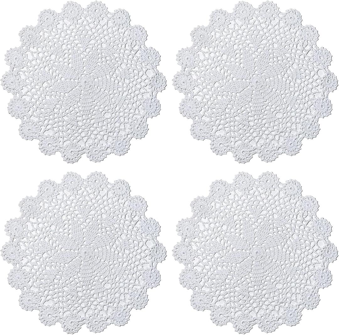 Phantomon 12 Inch Round Doilies Crochet Handmade Lace Placemats 100% Cotton Knitted Coasters, Pack of 4 (White)