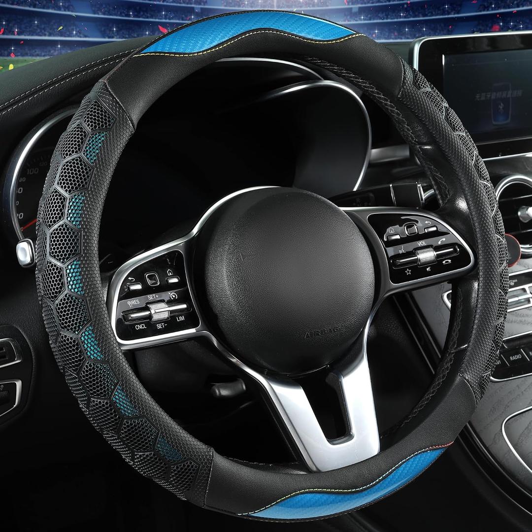 PU Leather Steering Wheel Cover 14.5-15 Inch, Carbon Fiber Style Grip, Non-Slip & Breathable, Universal for Sedan SUV Truck Van, Car Steering Wheel Cover for Men Women Light Blue