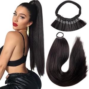 Ponytail Extension Warp Around Pony Tail with Hair Tie 24inch Long Synthetic Yaki Straight Braiding Hair Ponytail DIY Braided for Women Girls Daily Party Cosplay,Black Brown