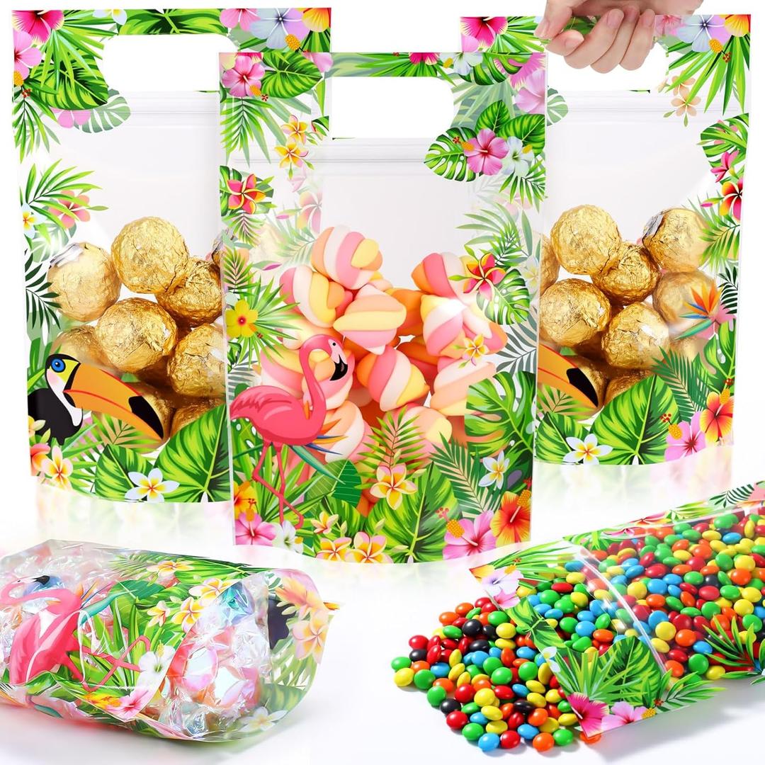 Fuutreo 50 Pcs Tropical Favor Bags Hawaiian Plastic Bags Resealable Flamingo Palm Leaves Sealing Pouches with Handles for Summer Luau Aloha Party Candy Gift Wrap Supplies Decoration (Hawaii)