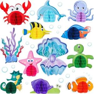 12 Pieces Under The Sea Party Decorations Ocean Sea Animal Honeycomb Centerpiece Ocean Themed Party Table Decoration Fish Sea Creature Mermaid Birthday Centerpiece for Beach Baby Shower Party Supplies