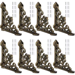Blulu 8 Pack Cast Iron Brackets Antique Style Shelf Brackets with Screws 3 7/8" x 3 7/8" Decorative Wall Mount Mental Shelving Heavy Duty Victorian Style Shelf(Antique Brass)