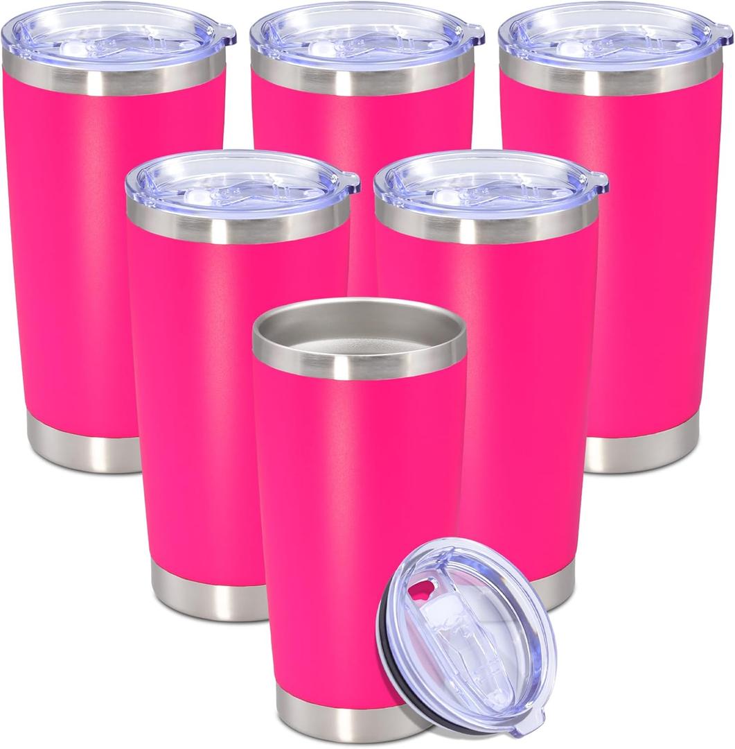 20 oz Tumbler with lid Double Wall Vacuum Insulated Tumblers Stainless Steel Coffee Mug Travel Coffee Tumbler Powder Coated Tumbler Cup Keep Hot & Cold - (Hot Pink 6 Pack)