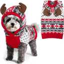 KYEESE Dog Christmas Sweater, Warm Dog Sweater for Dogs with Cute Reindeer Antler Hood, Soft Knitwear with Leash Hole, Cozy Holiday Pet Outfit for Winter (Large (11-19lbs))