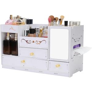 Large Vanity Makeup Organizer with Mirror for Countertop - 3 Drawers & Brush Holder | Cosmetic and Skincare Storage Desk Organizer for Dorm Room, Bathroom, Bedroom (White)