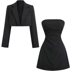OYOANGLE Women's 2 Piece Set Strapless A Line Mini Dress and Long Sleeve Cropped Blazer Going Out Outfits