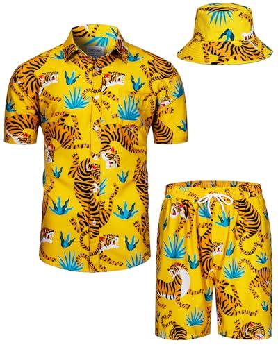 TUNEVUSE Mens Hawaiian Shirts and Shorts Set 2 Pieces Beach Outfits Tiger Print Summer Tropical Suit with Bucket Hats Yellow, XX-Large