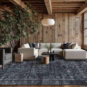 Rugxara 9x12 Area Rugs for Living Room Bedroom, Large Washable Rug, Black Vintage Floral Boho Rug, Non Slip & Low Pile Faux Wool Thin Carpet for Indoor Dining Room and Kids Room(Black 9x12ft)