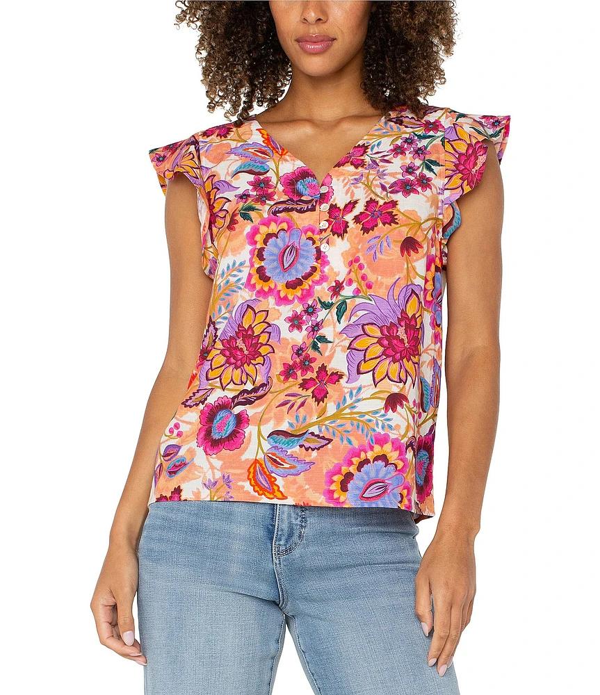 Floral Print V-Neck Flutter Sleeve Shirt, L
