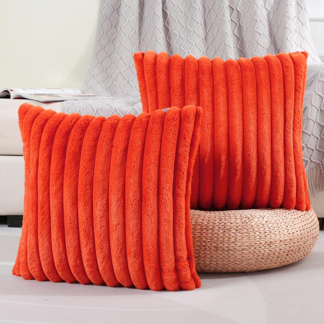 FUTEI Burnt Orange Striped Decorative Throw Pillow Covers 20x20 Inch Set of 2,Square Fall Decorations Couch Pillow Case,Soft Cozy Faux Rabbit Fur & Velvet Back,Modern Home Decor for Bed