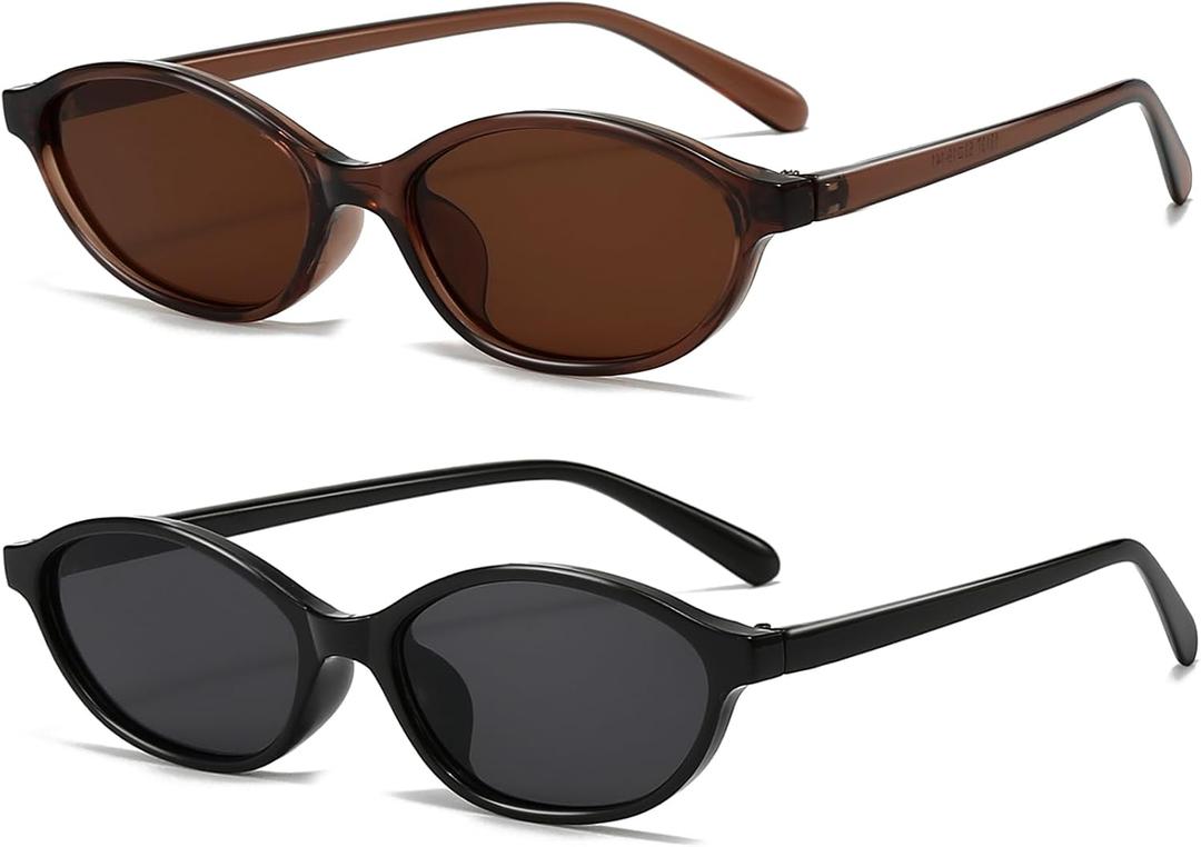Retro Oval Sunglasses for Women Small Oval 90s Sunnies Trendy Narrow Cat Eye Vintage Shades 2 Pack