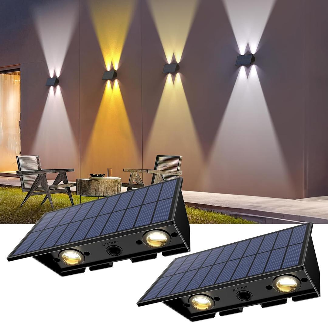 Solar Fence Lights, 2PACK Solar Wall Lights Outdoor Up and Down Waterproof IP54 Solar Light Outdoors for Yard Garden Pools House Deck Porch (Warm White & Natural Light & Cool White)