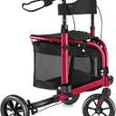 3 Wheel Rollator Walker with Seat for Slim Seniors, Padded Backrest Lightweight Foldable Walker Ideal for Elderly, 8 Inch Tri-Wheel Modern Mobility Walking Aid Aluminum, Red